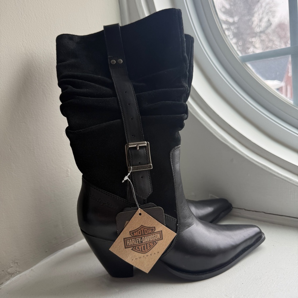 Harley-Davidson Black Leather Mid-Calf Boots Buckle Slouch Size 6 NEW